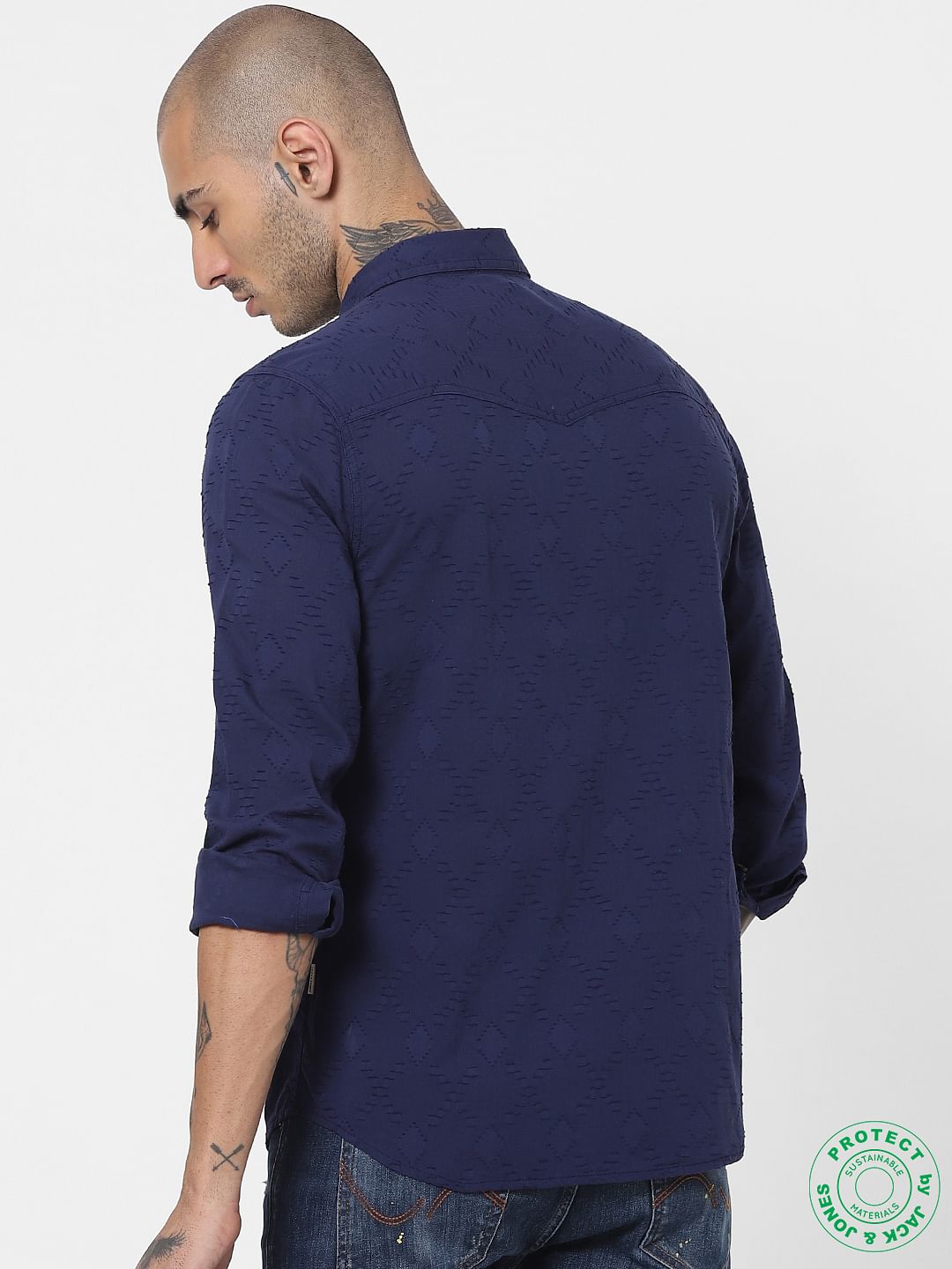 Blue Self Design Full Sleeves Shirt