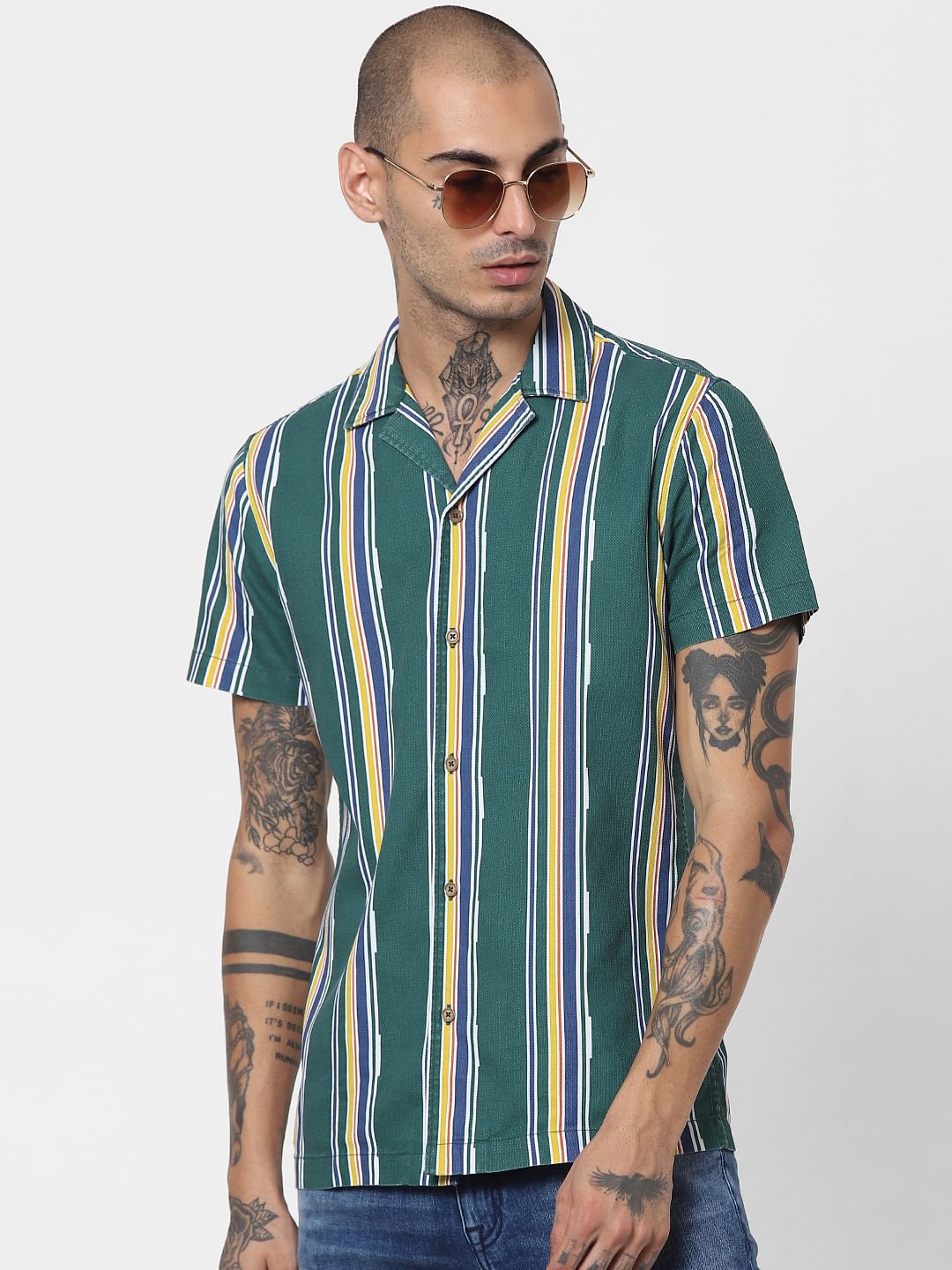 Green Striped Half Sleeves Shirt