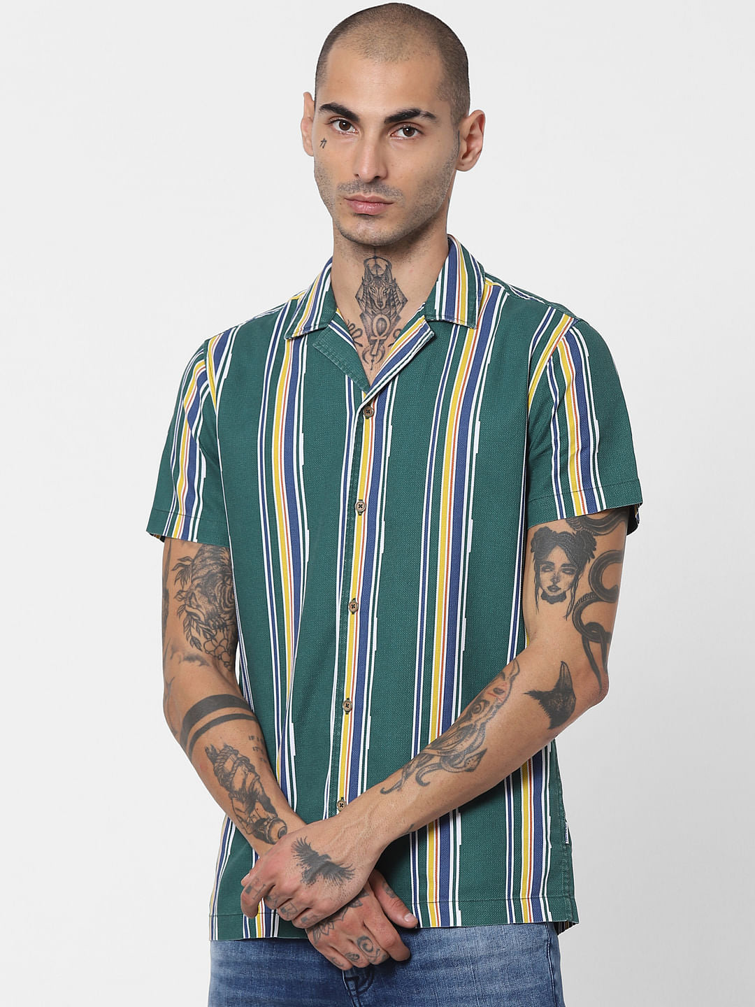 Green Striped Half Sleeves Shirt