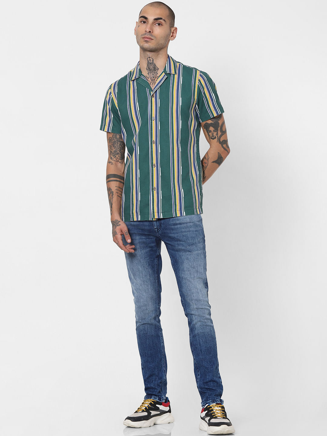Green Striped Half Sleeves Shirt