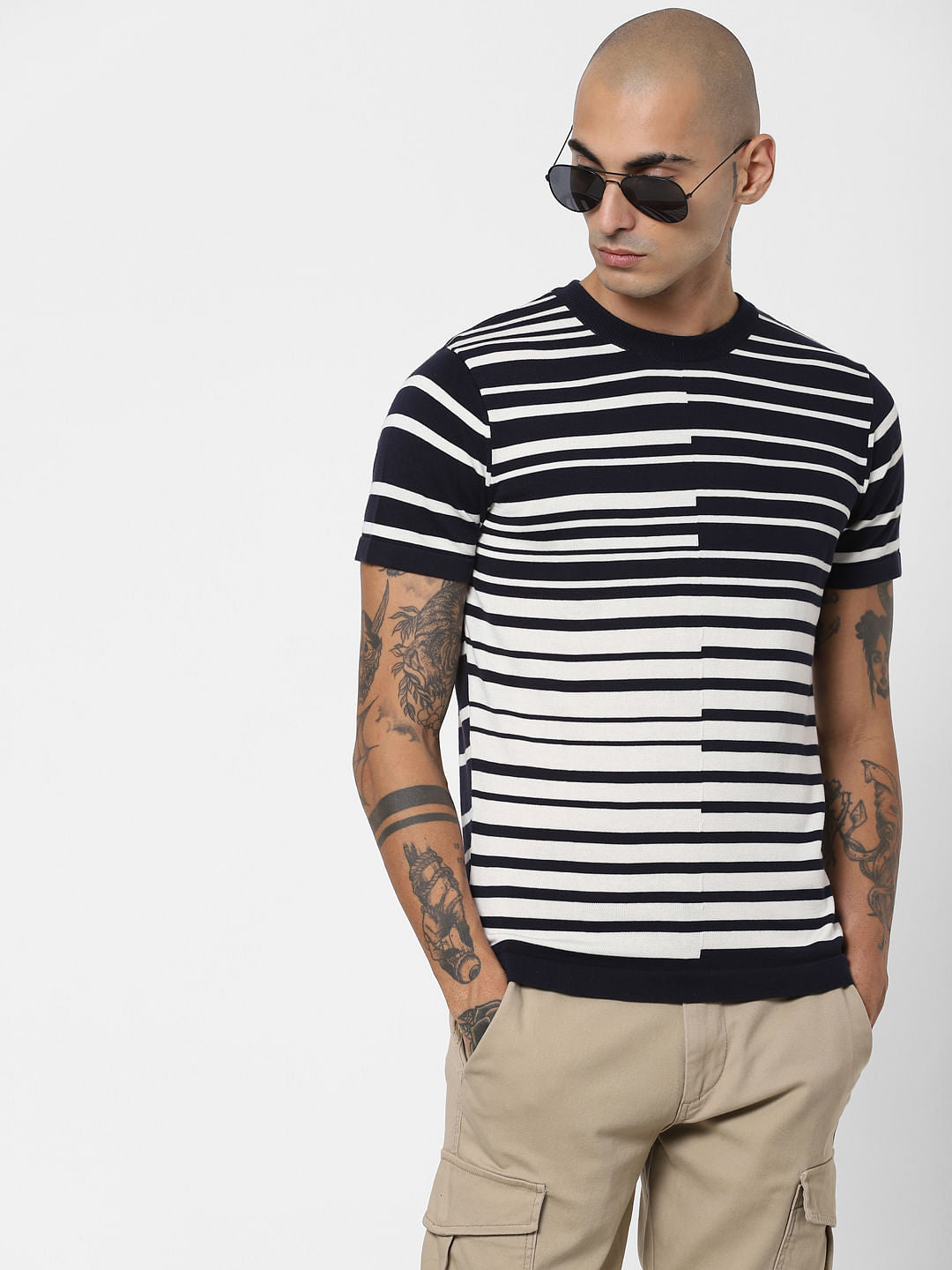 Blue Asymmetrical Striped Crew Neck T-shirt - S