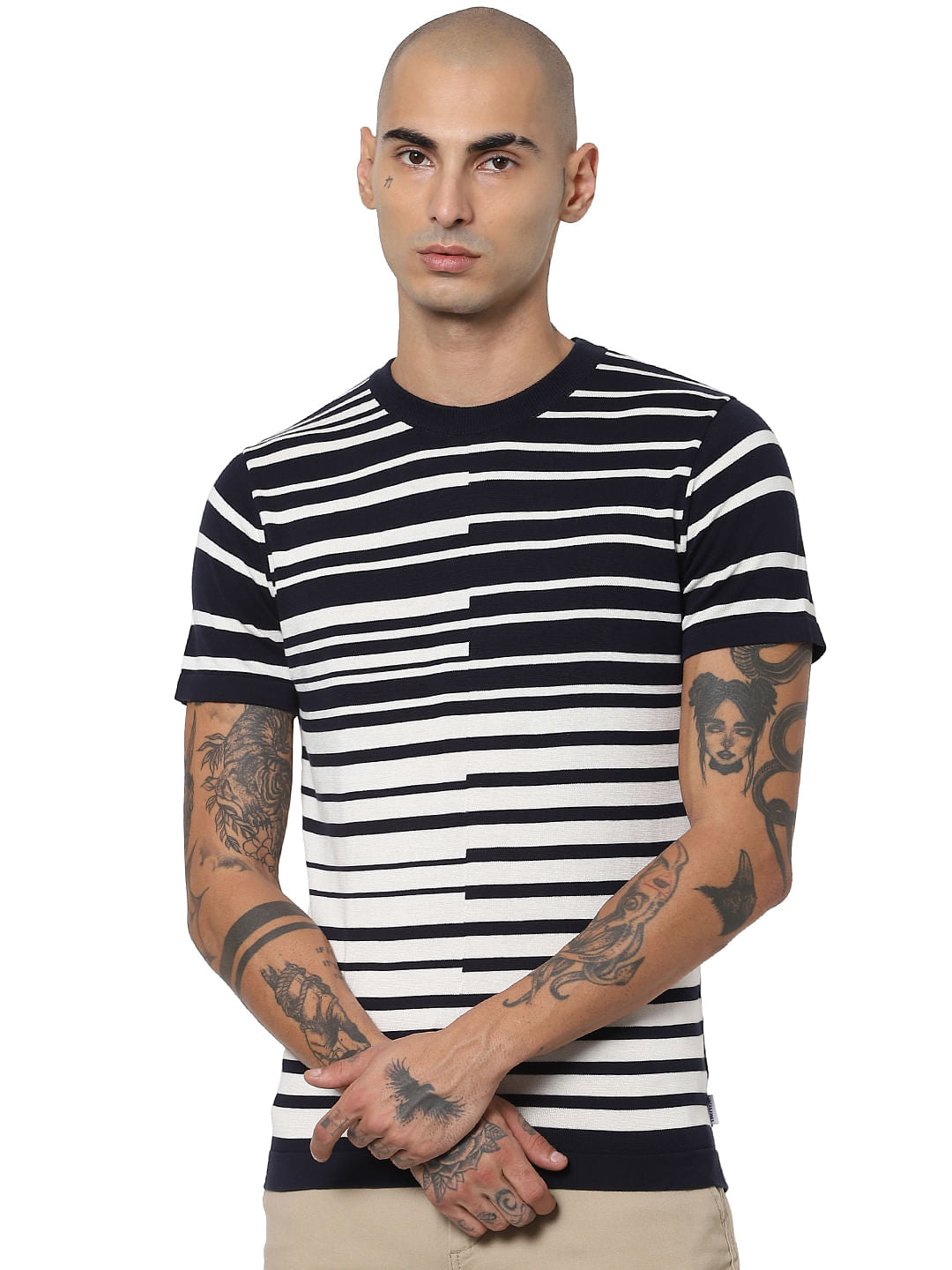Blue Asymmetrical Striped Crew Neck T-shirt