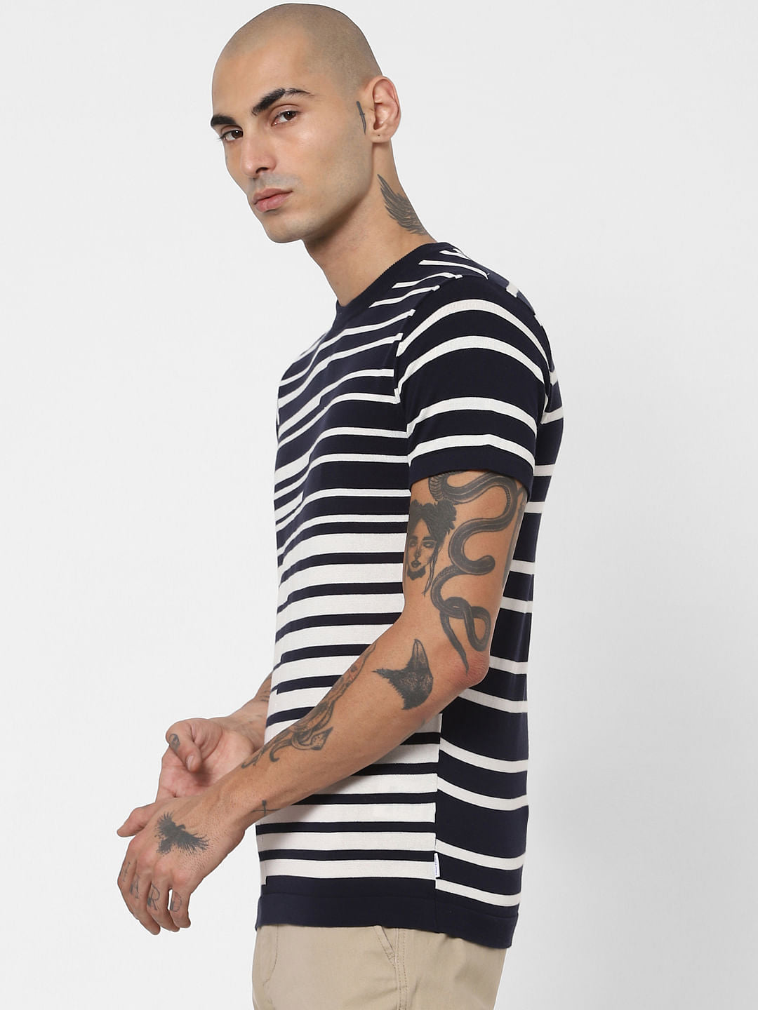 Blue Asymmetrical Striped Crew Neck T-shirt