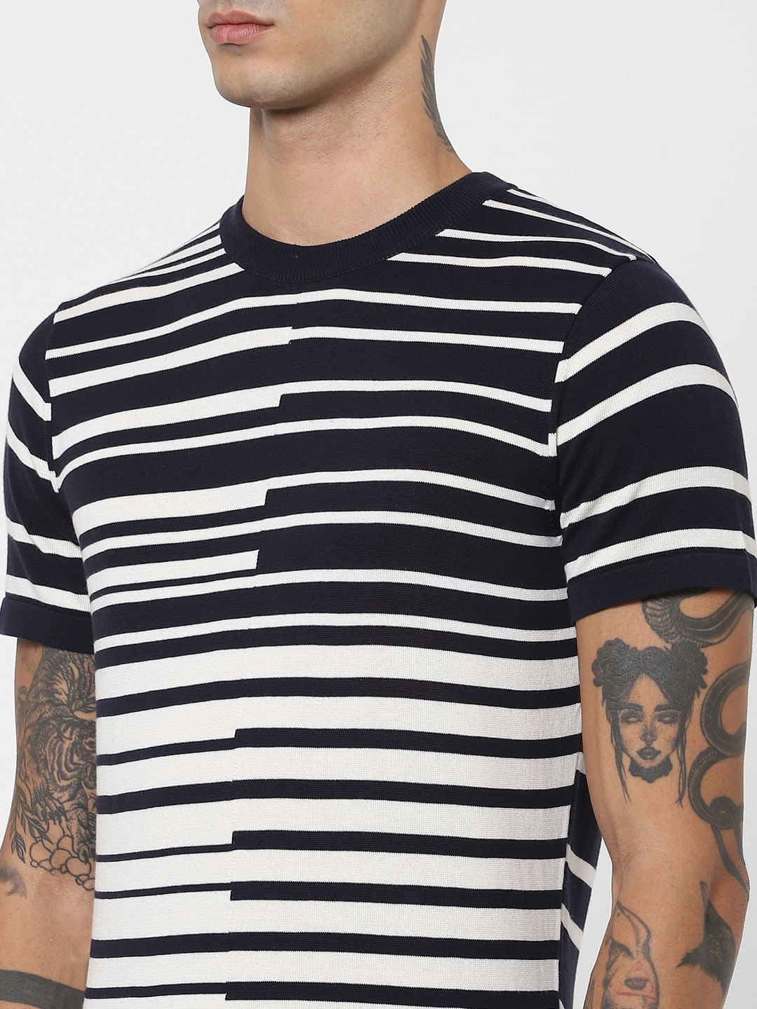 Blue Asymmetrical Striped Crew Neck T-shirt