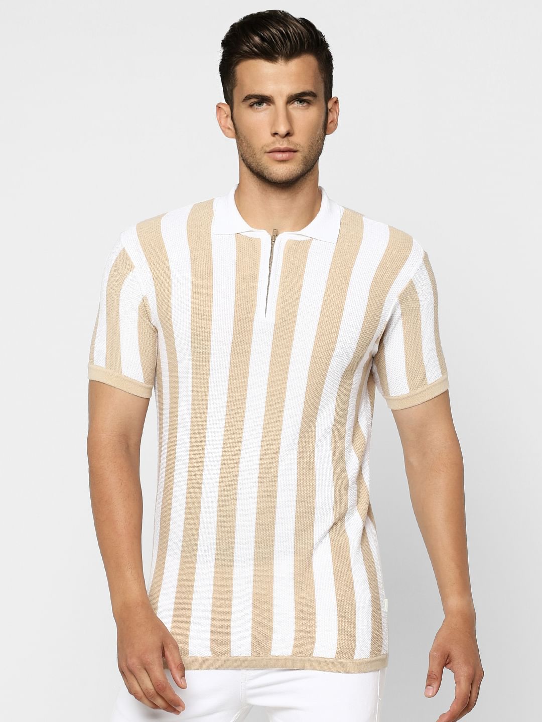 White & Beige Striped Knit Polo T-shirt