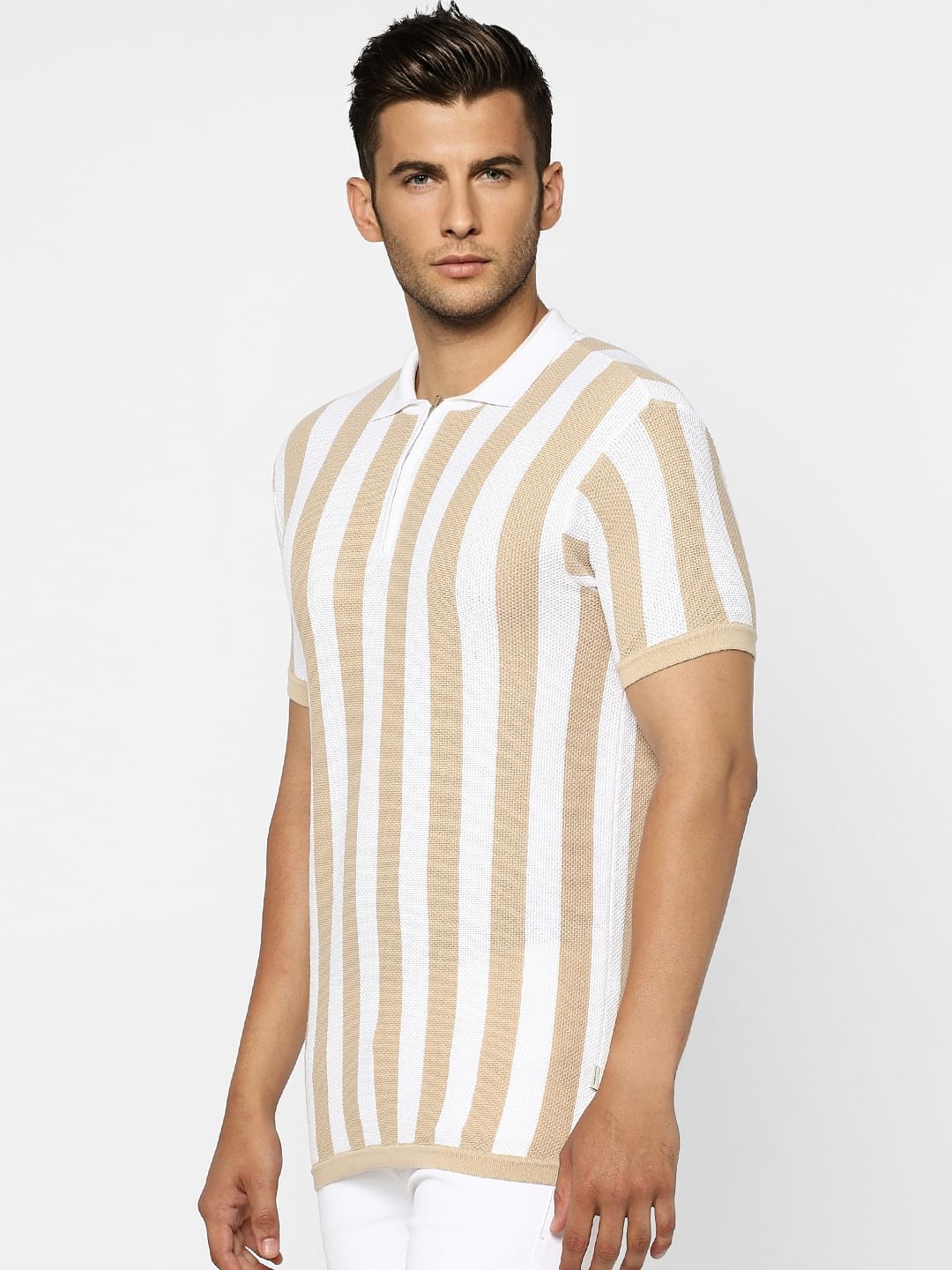 White & Beige Striped Knit Polo T-shirt