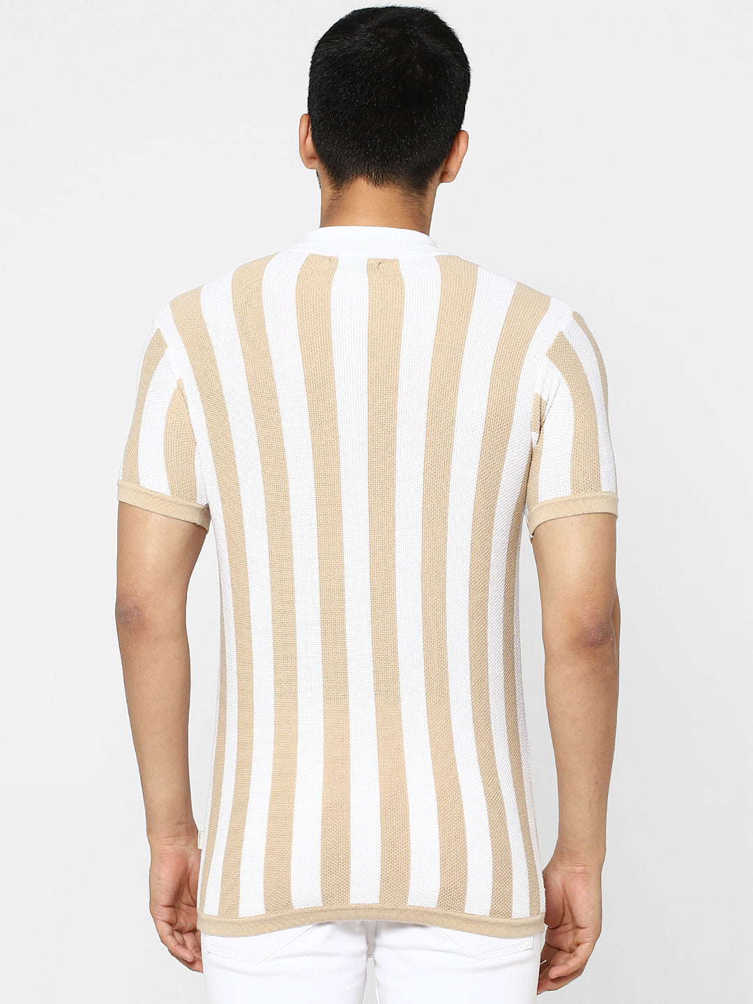 White & Beige Striped Knit Polo T-shirt