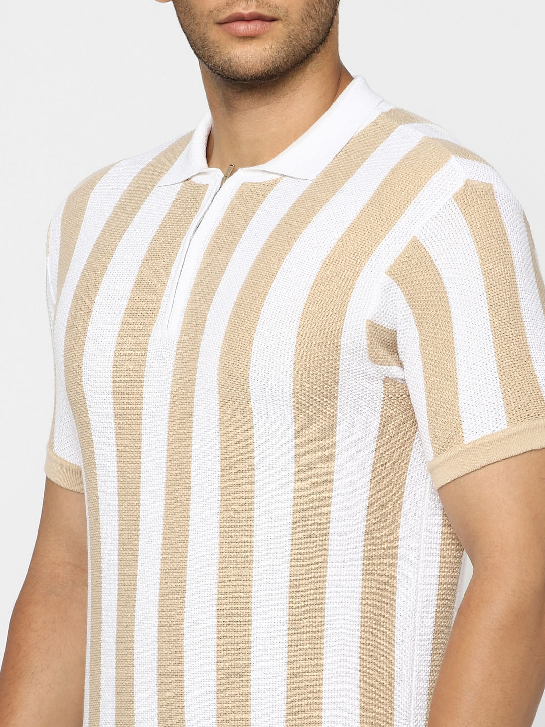 White & Beige Striped Knit Polo T-shirt