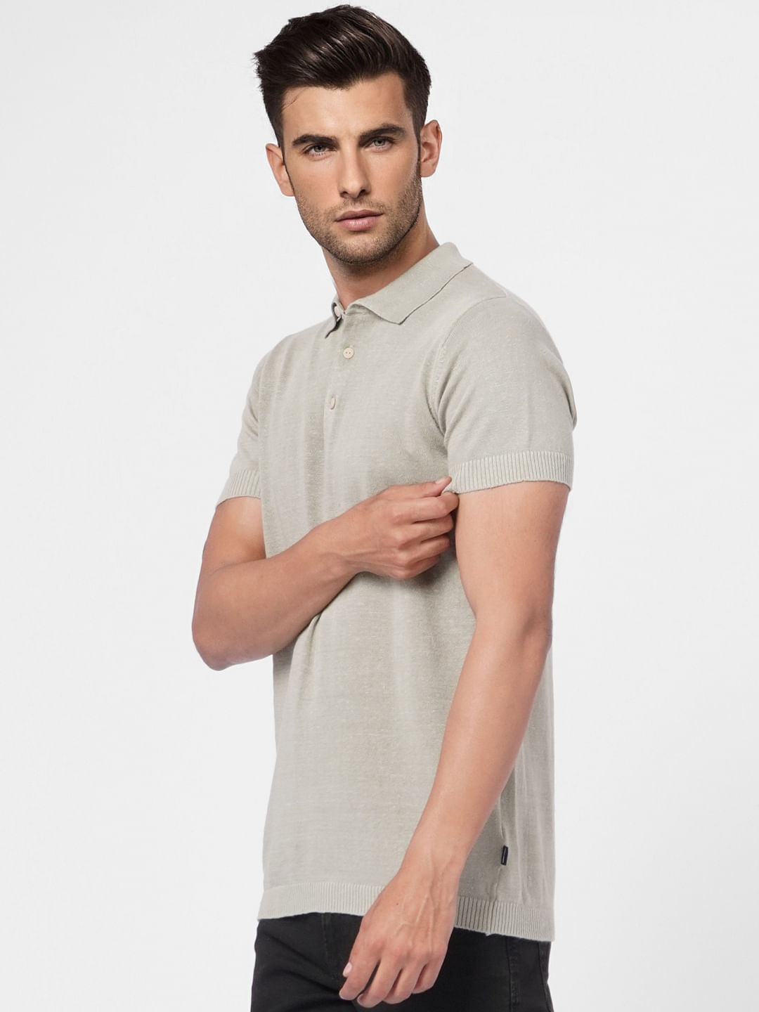 Grey Knitted Polo Neck T-shirt