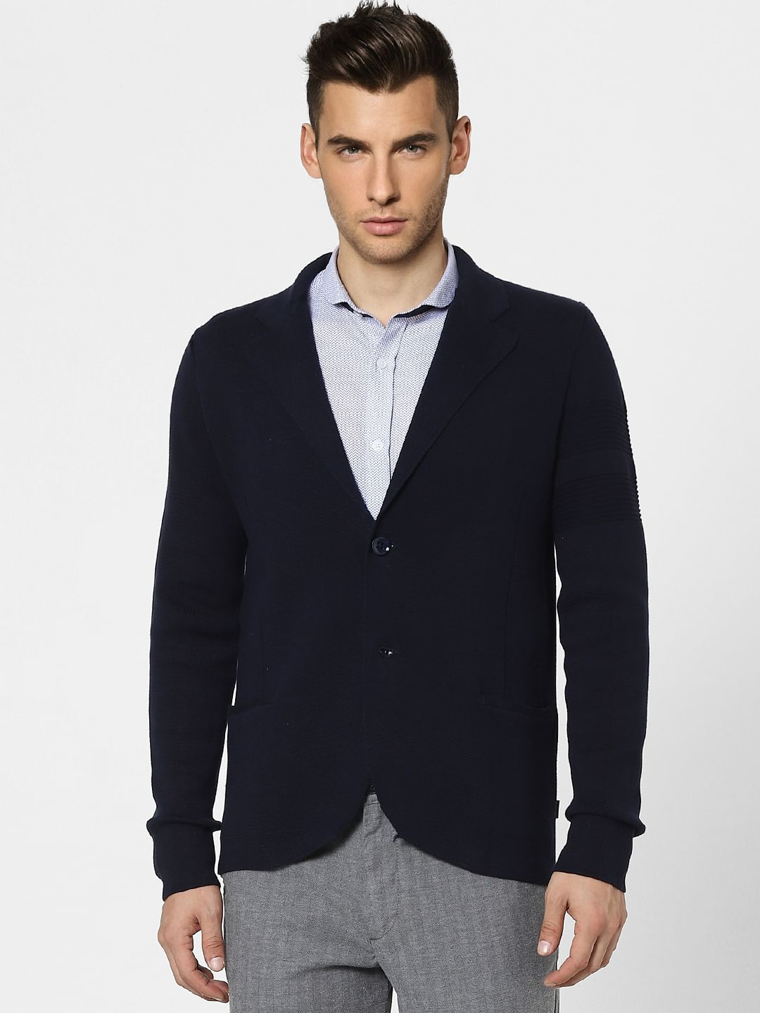 Blue Knit Shawl Collar Blazer - S