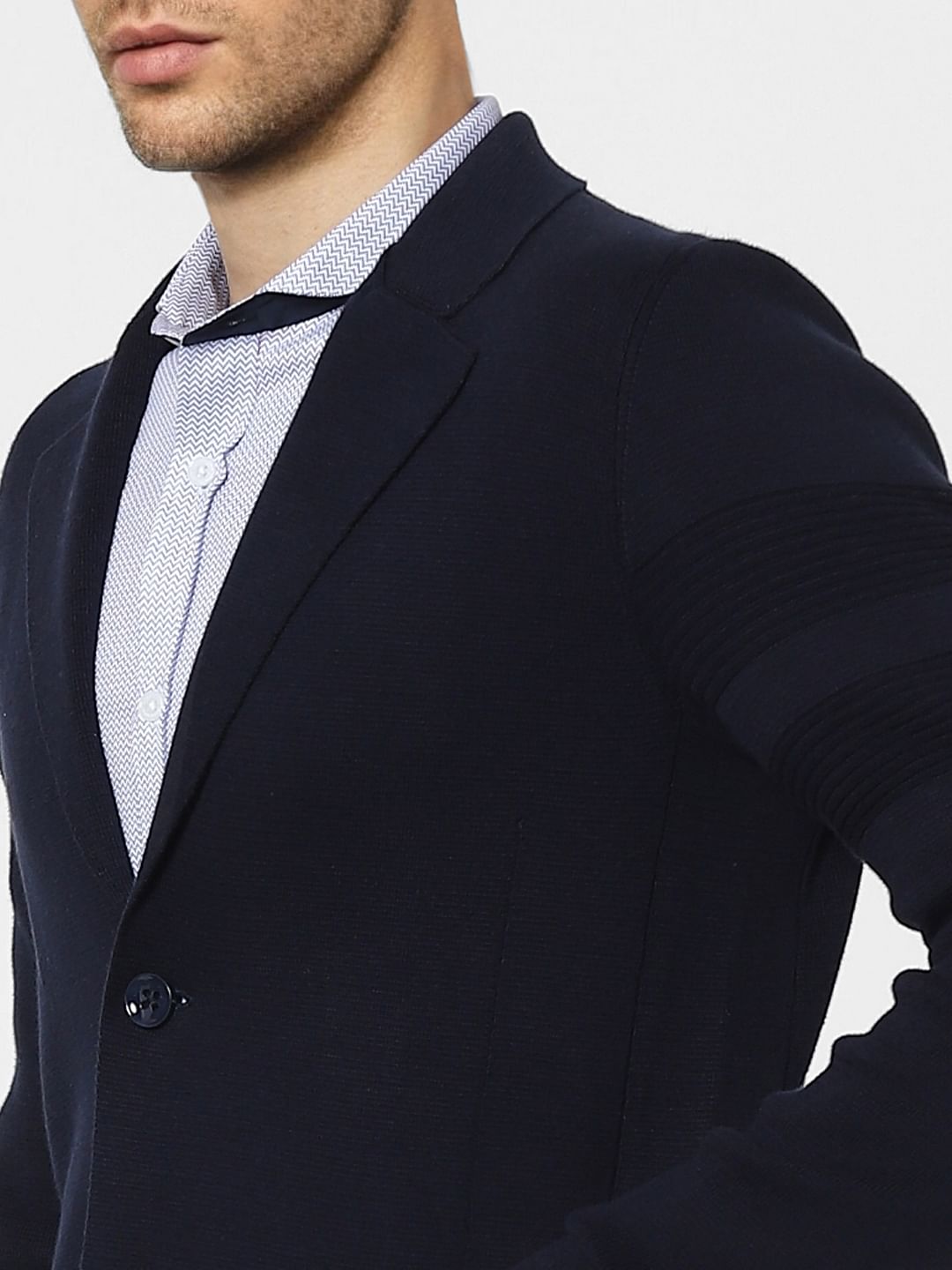 Blue Knit Shawl Collar Blazer