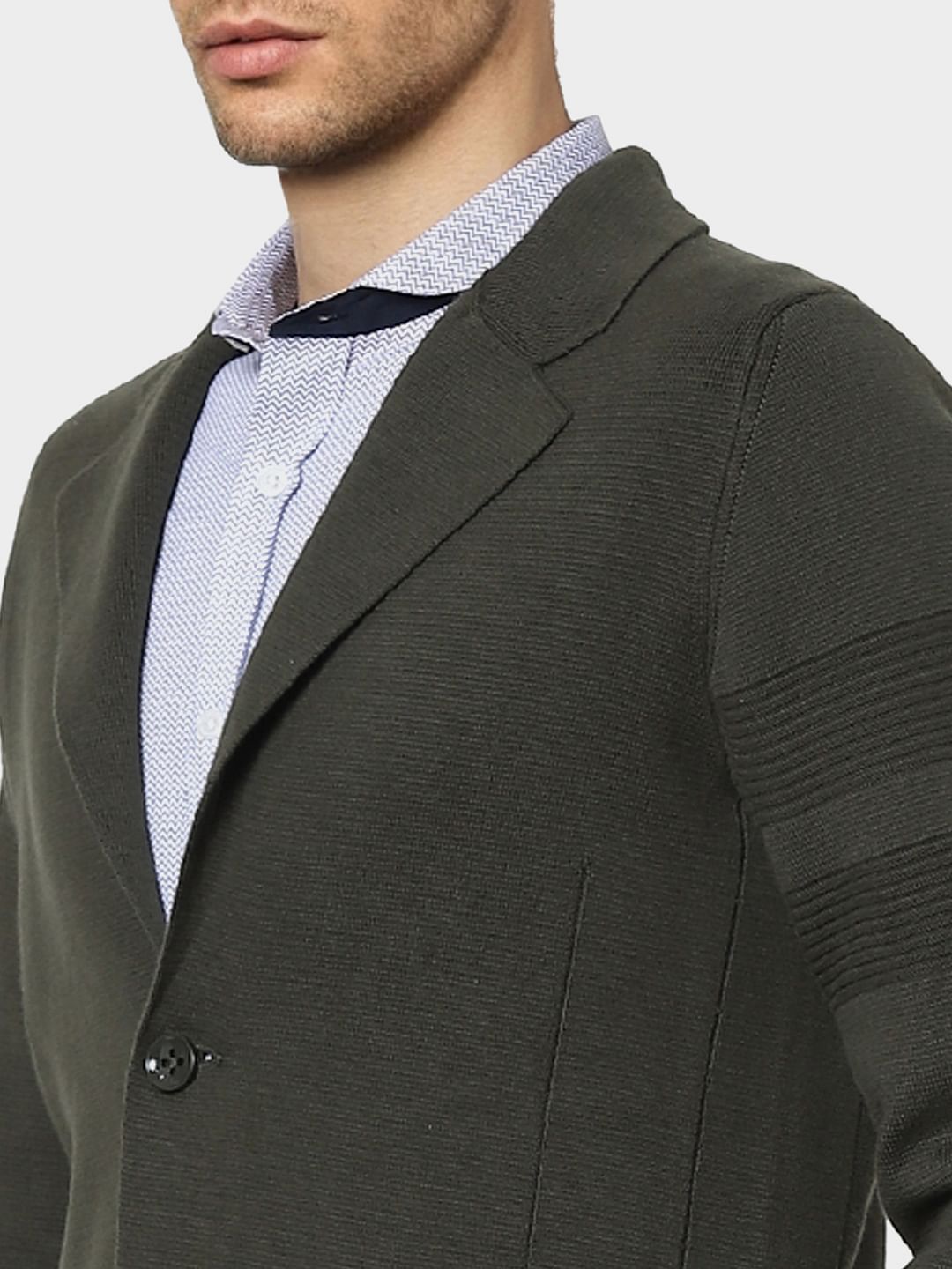 Dark Green Knit Shawl Collar Blazer