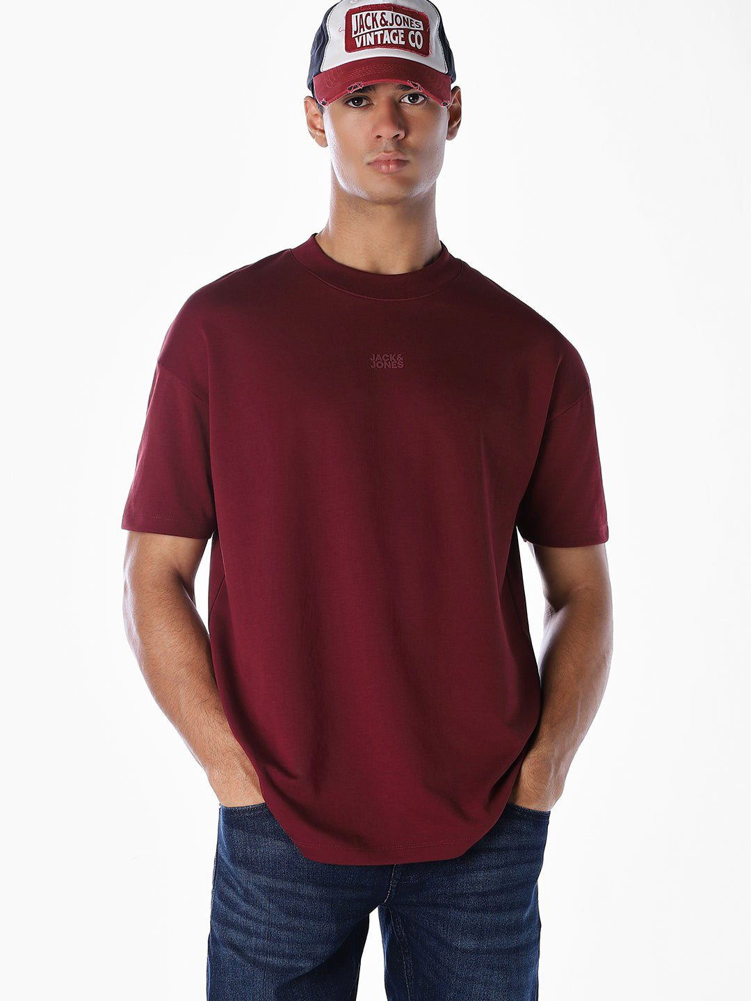 Logo Text Oversized Knit T-shirt - Dark Red - S