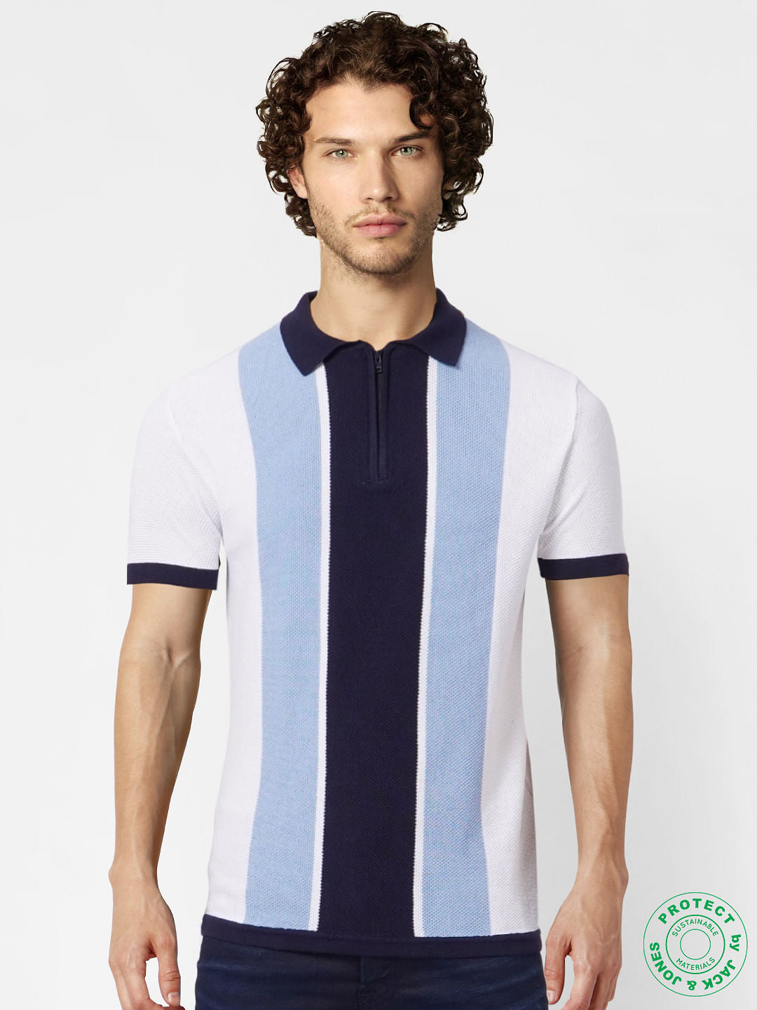 White Striped Knit Polo T-shirt