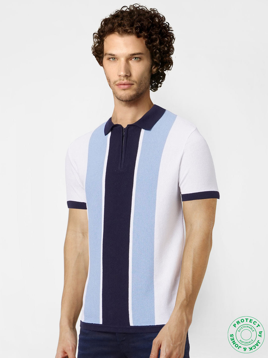 White Striped Knit Polo T-shirt