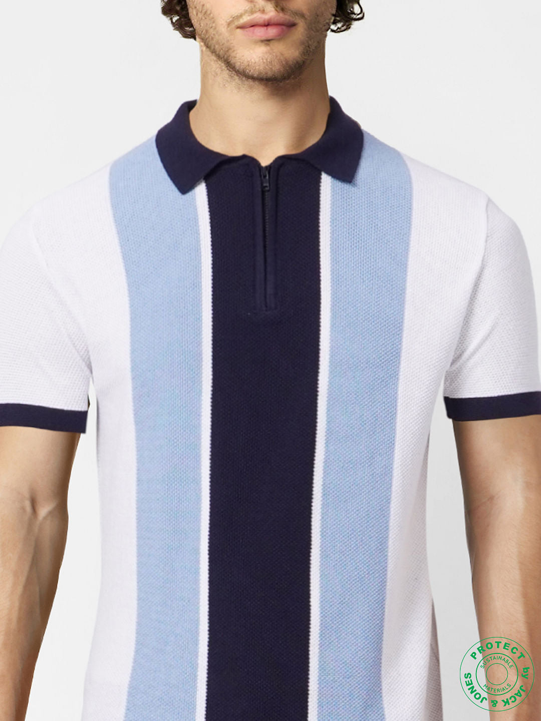 White Striped Knit Polo T-shirt