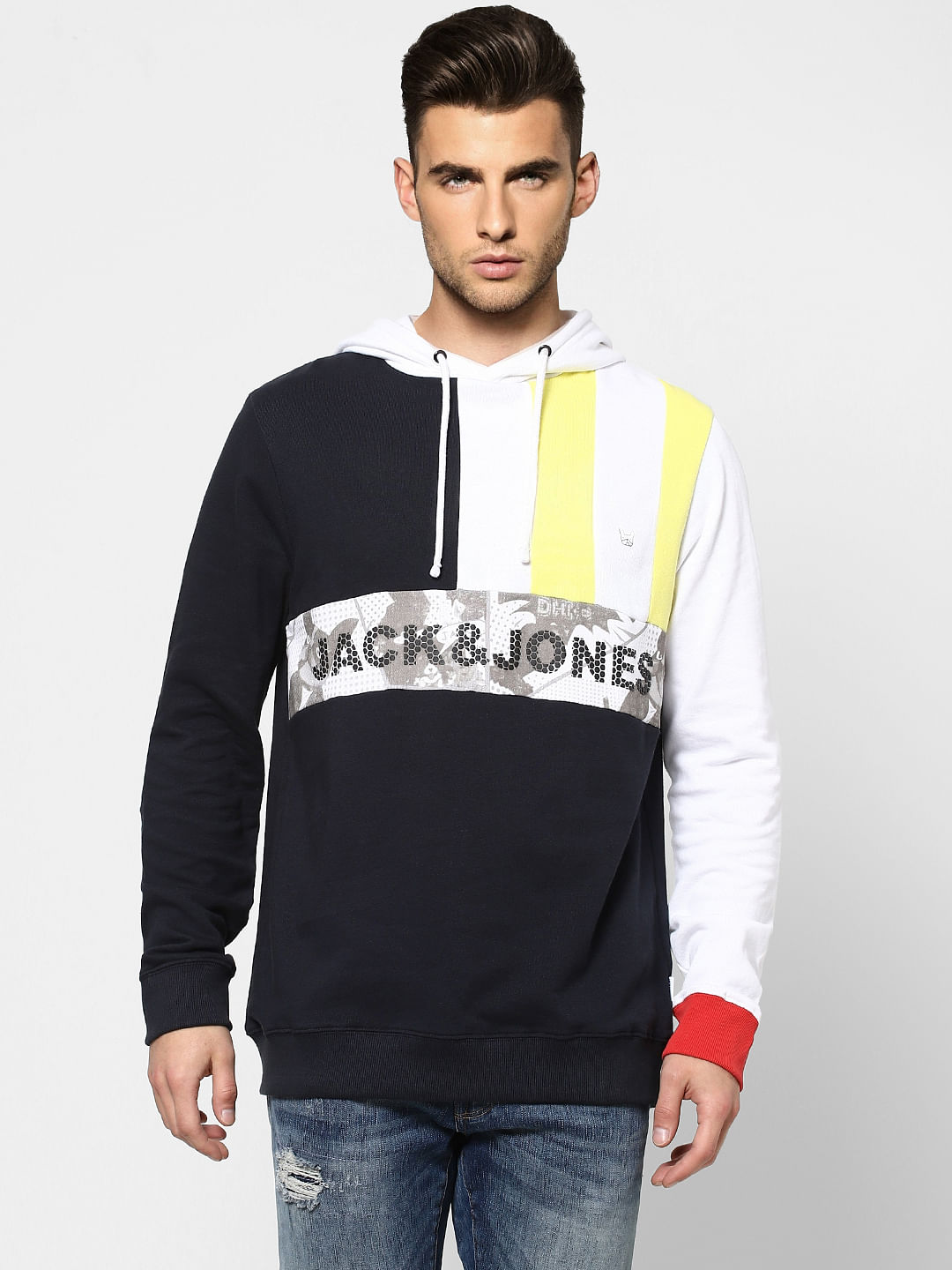 Blue Colourblocked Hooded Sweatshirt