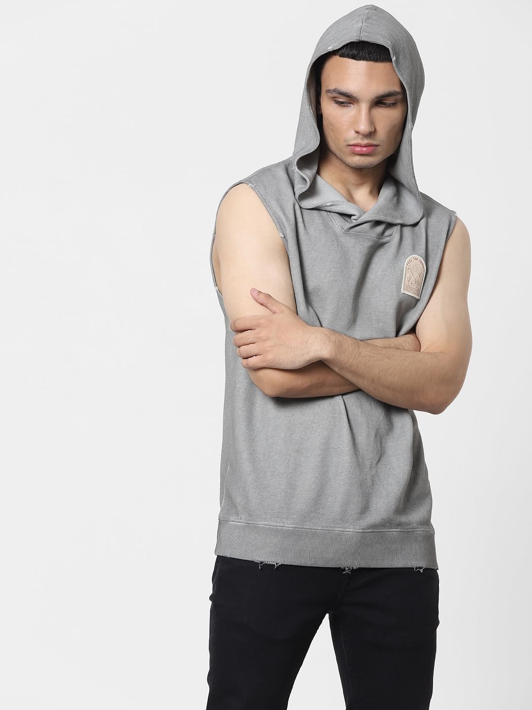 Grey Sleeveless Hooded Sweatshirt - S
