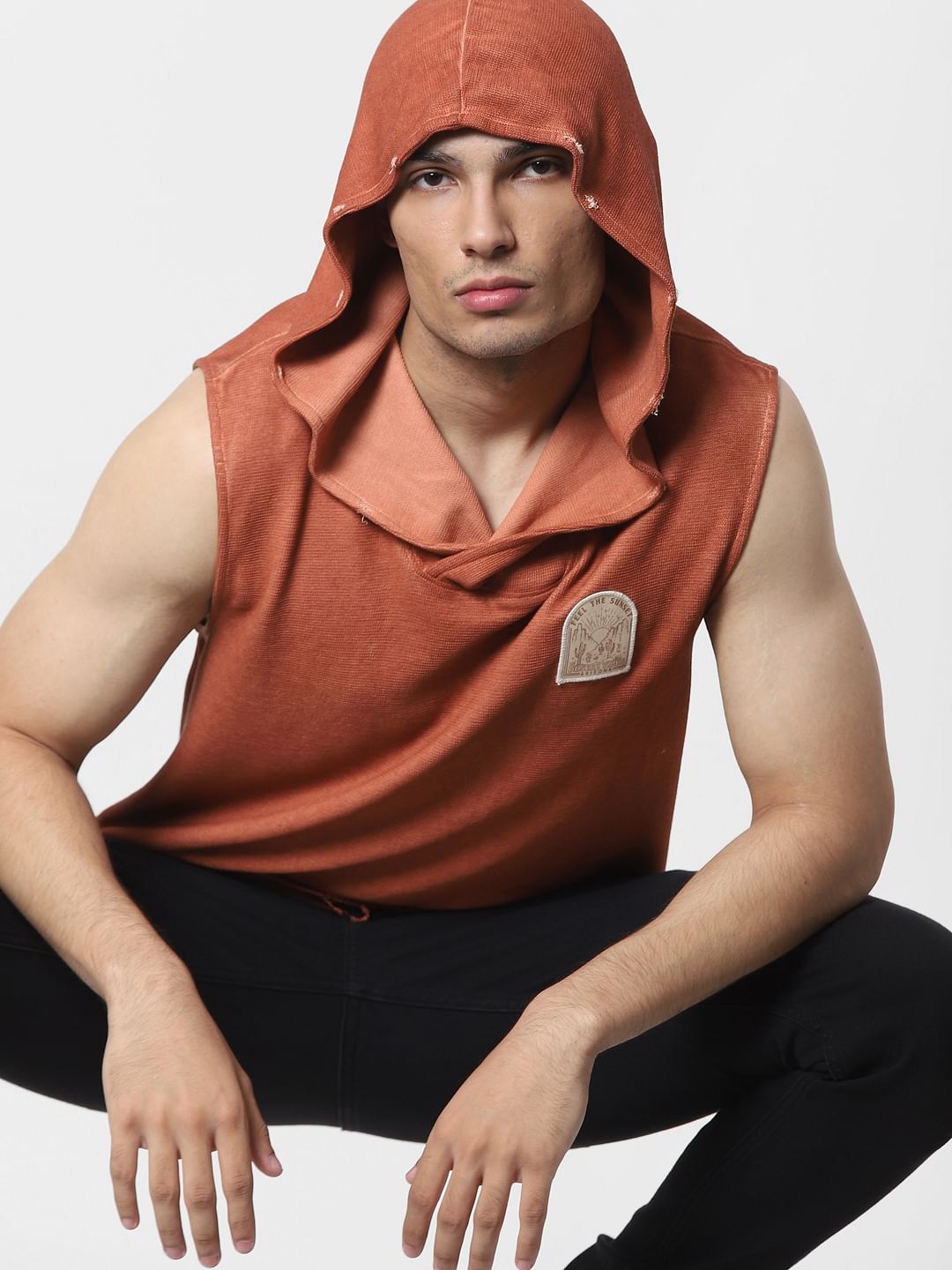 Orange Sleeveless Hooded Sweatshirt - S