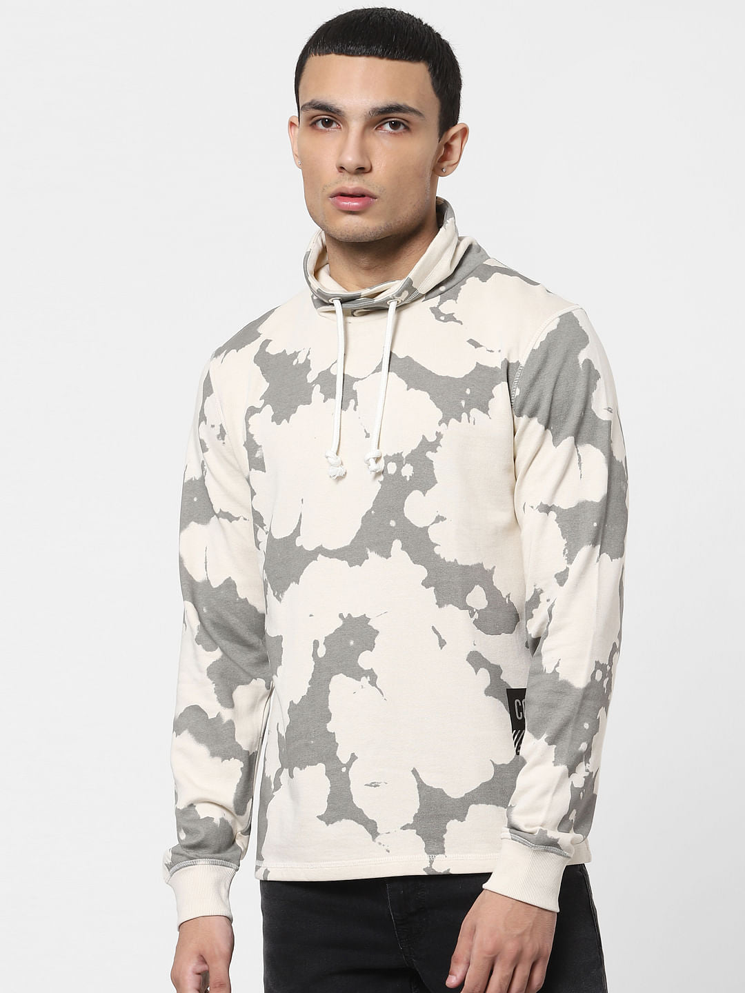 Beige Abstract Print Hooded Sweatshirt