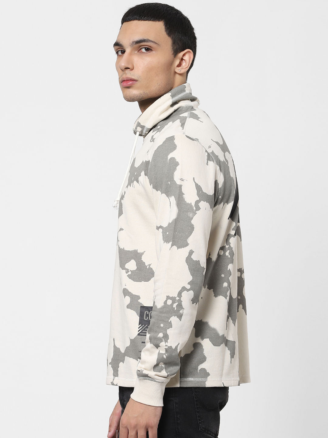 Beige Abstract Print Hooded Sweatshirt