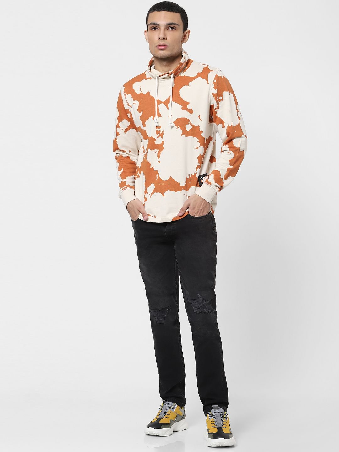 Orange Abstract Print Hooded Sweatshirt