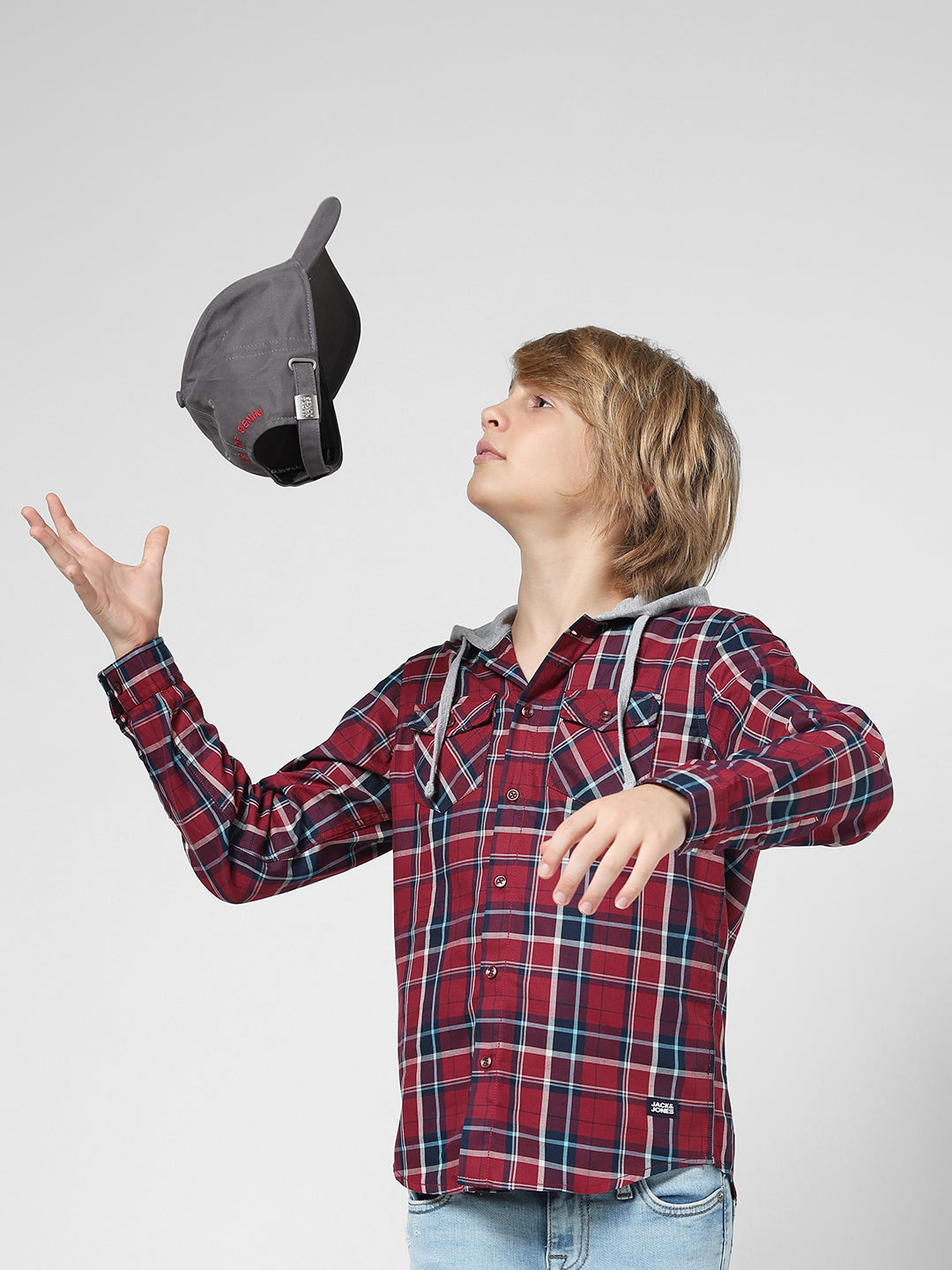 Boys Check Contrast Hood Shirt