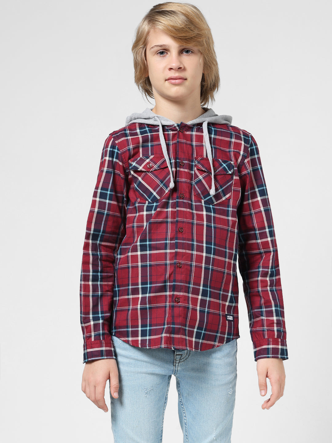 Boys Check Contrast Hood Shirt