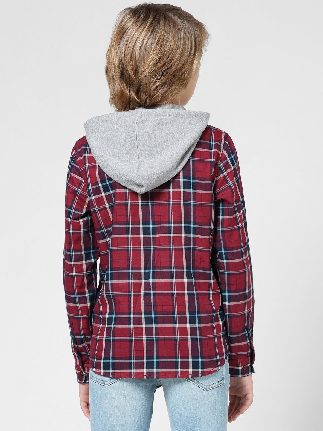 Boys Check Contrast Hood Shirt
