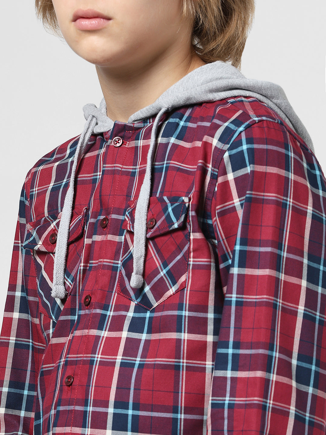 Boys Check Contrast Hood Shirt