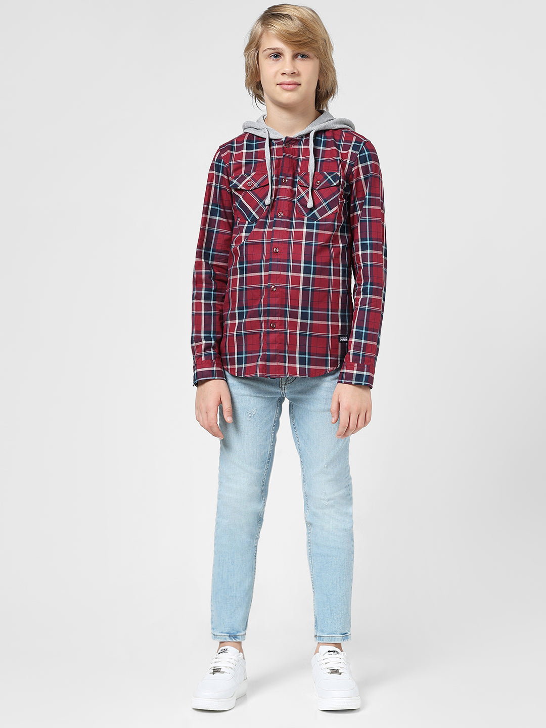 Boys Check Contrast Hood Shirt
