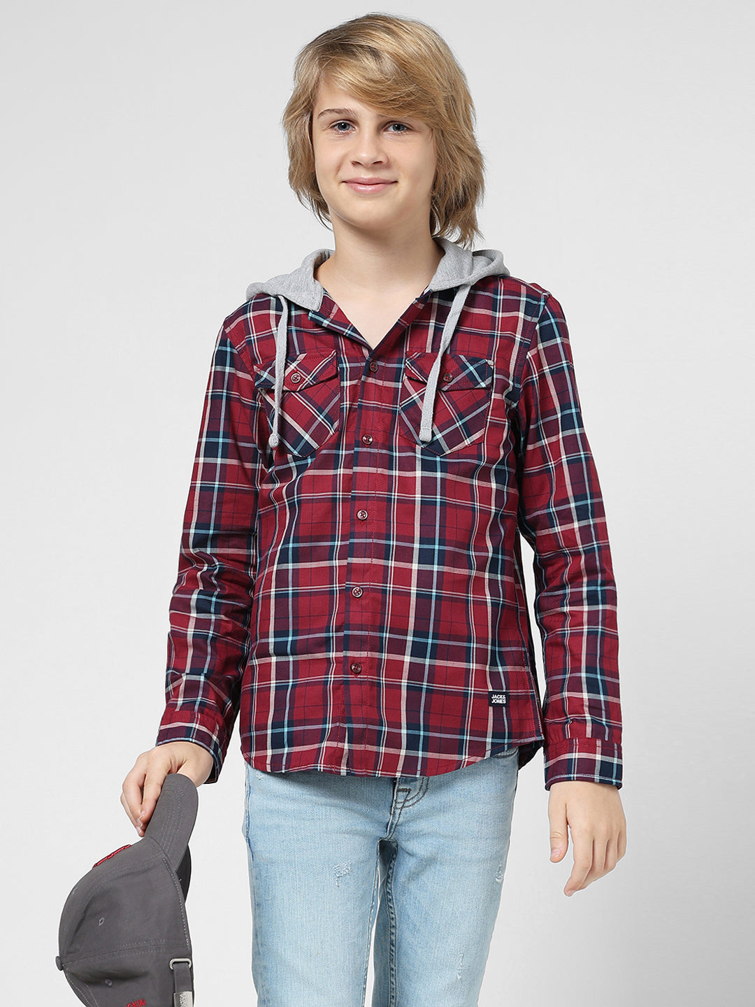 Boys Check Contrast Hood Shirt