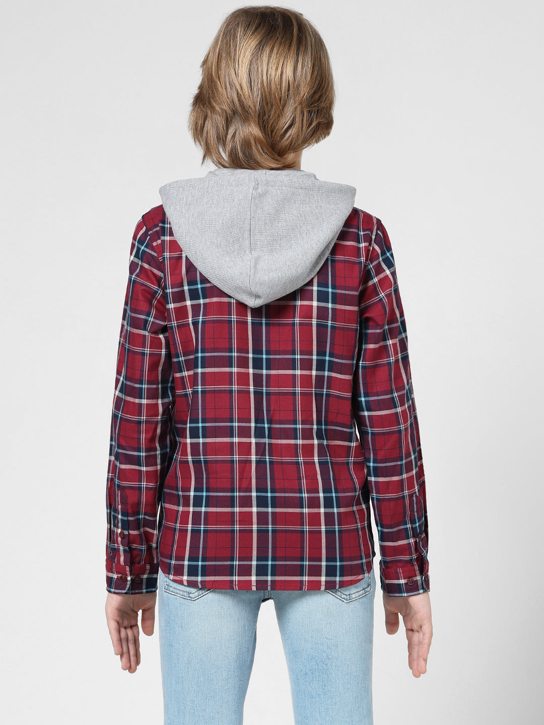 Boys Check Contrast Hood Shirt