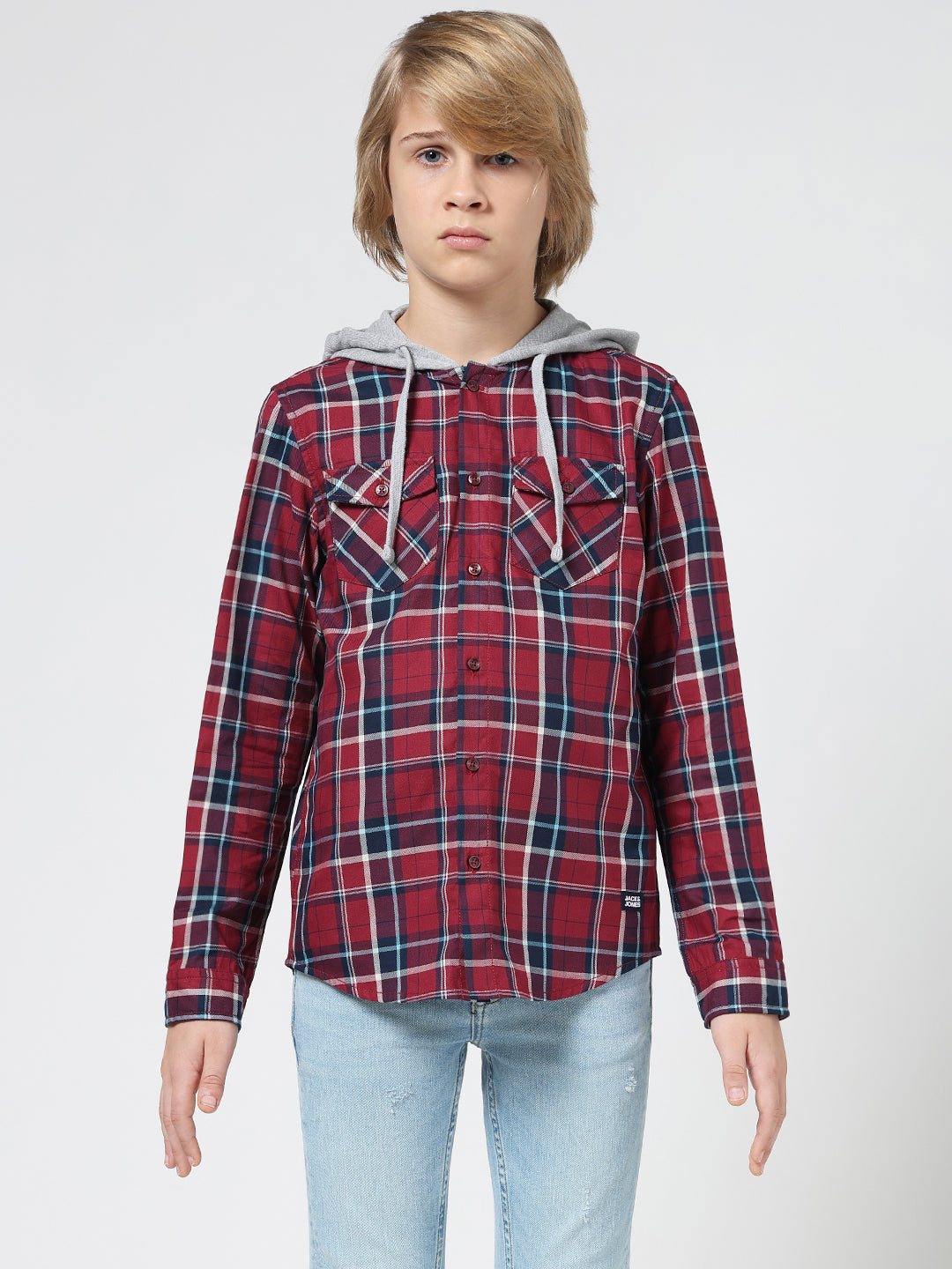 Boys Check Contrast Hood Shirt