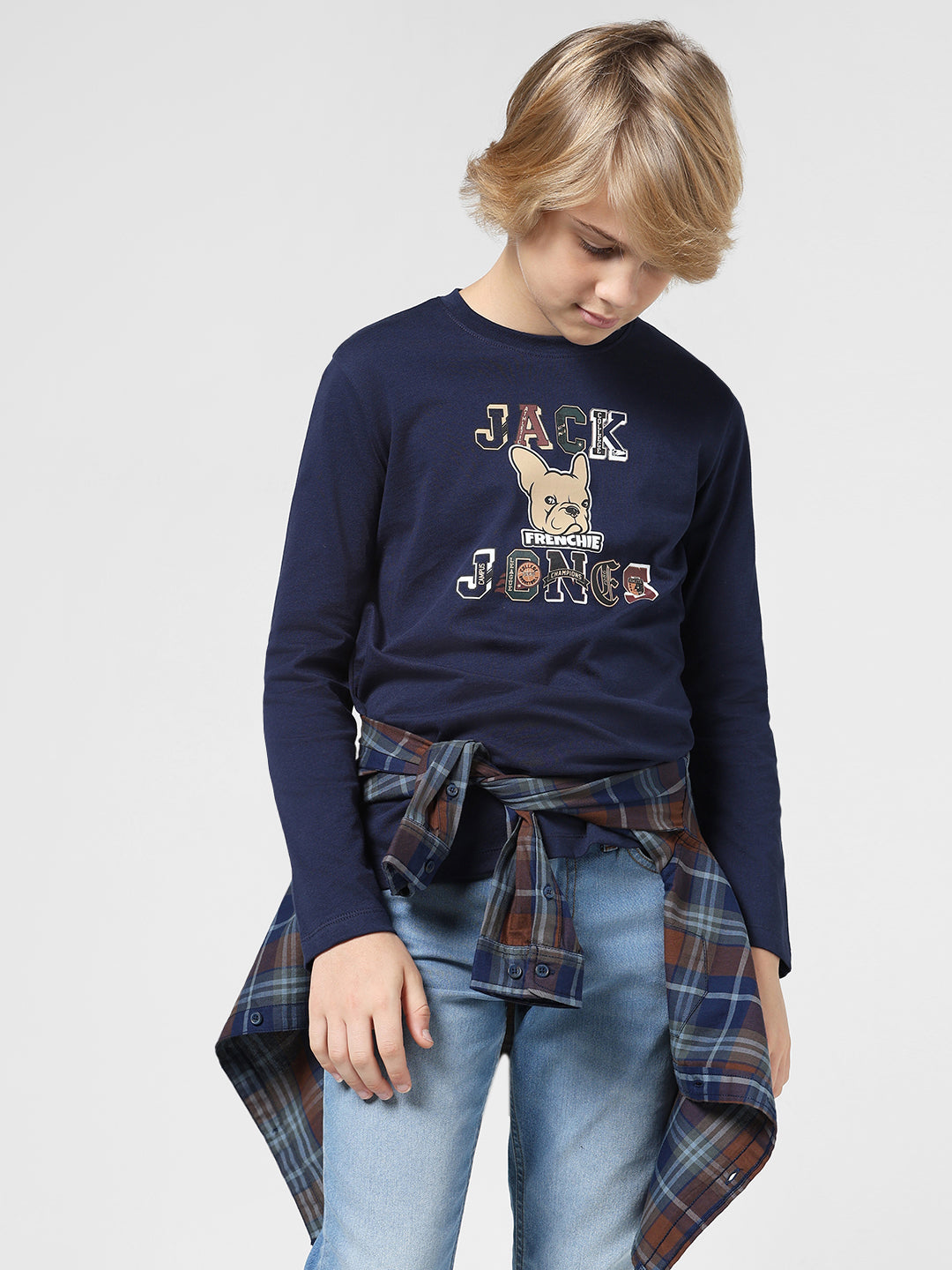 Boys Navy Printed Cotton T-shirt