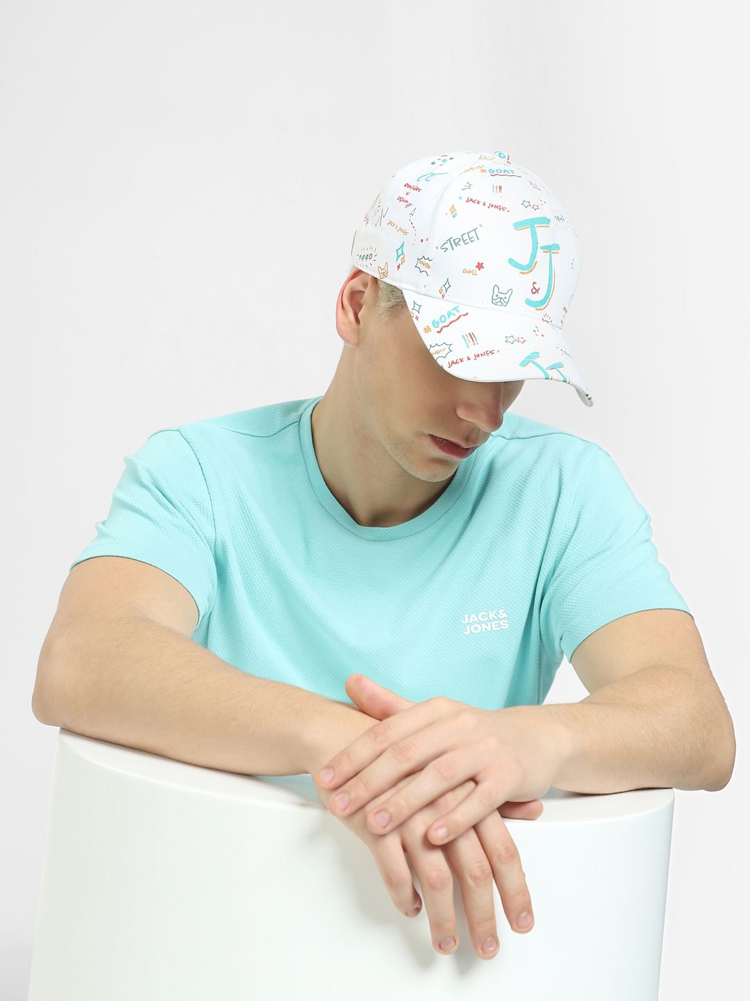 White Doodle Print Baseball Cap - ONE