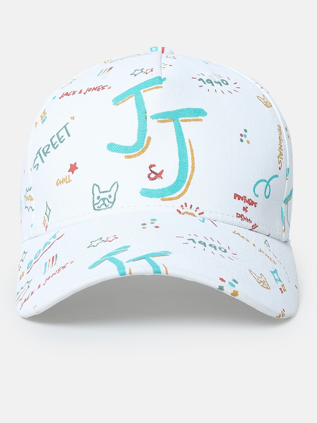 White Doodle Print Baseball Cap