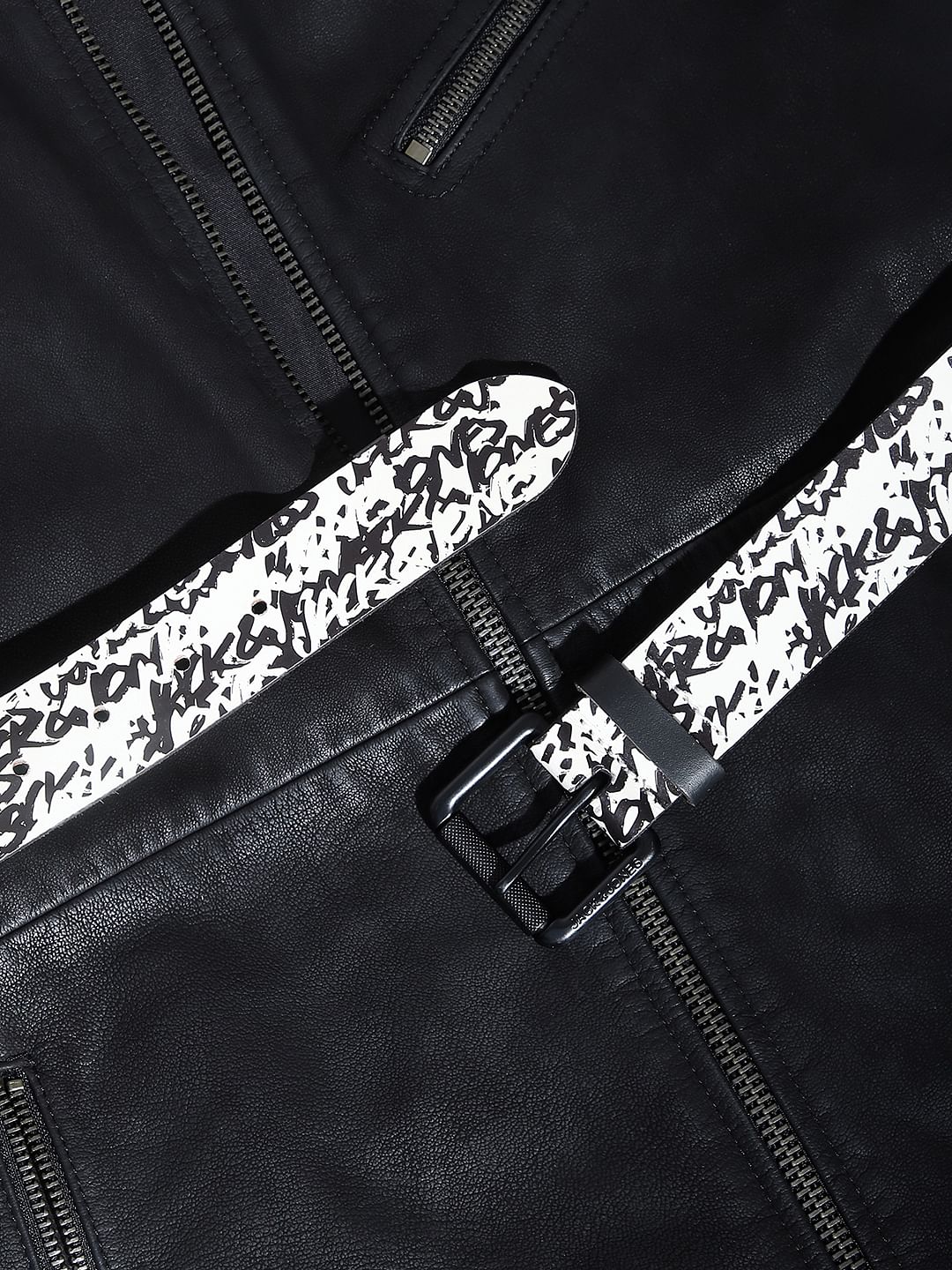 White Logo Print Leather Belt