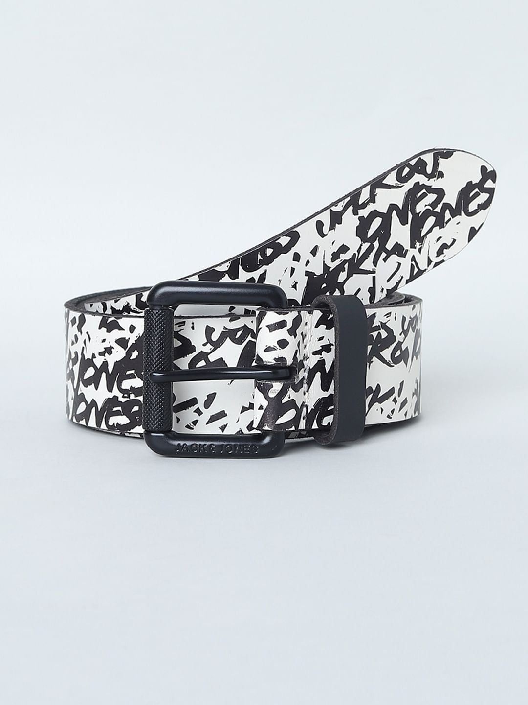 White Logo Print Leather Belt