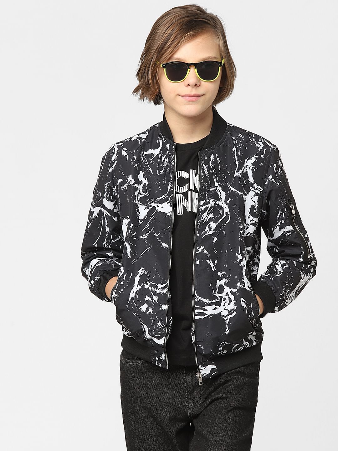 Boys Black Printed Bomber Jacket