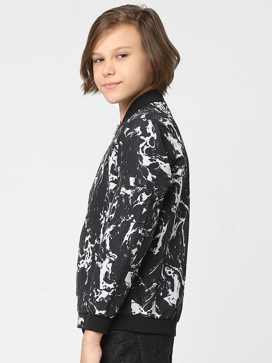 Boys Black Printed Bomber Jacket