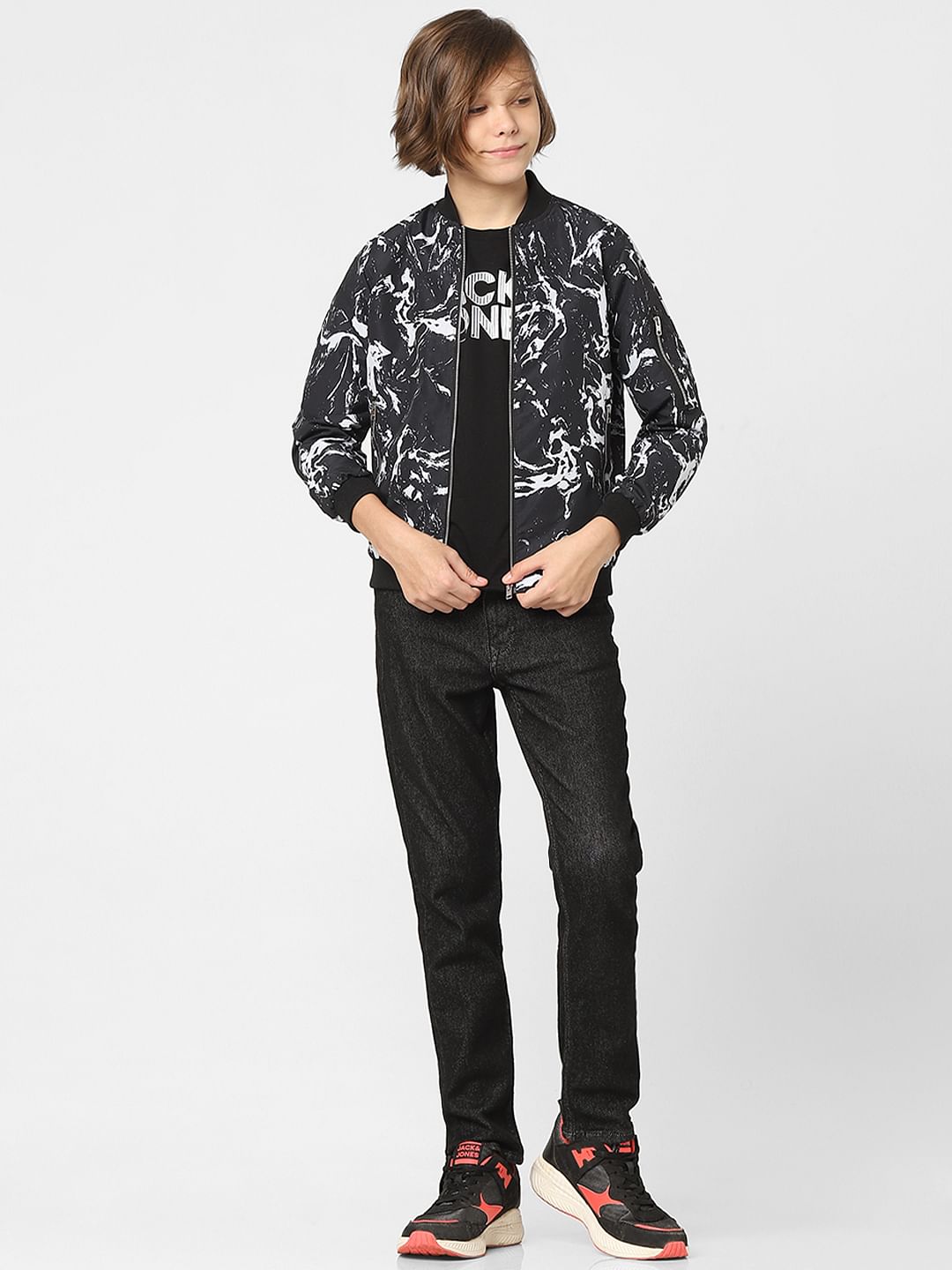 Boys Black Printed Bomber Jacket