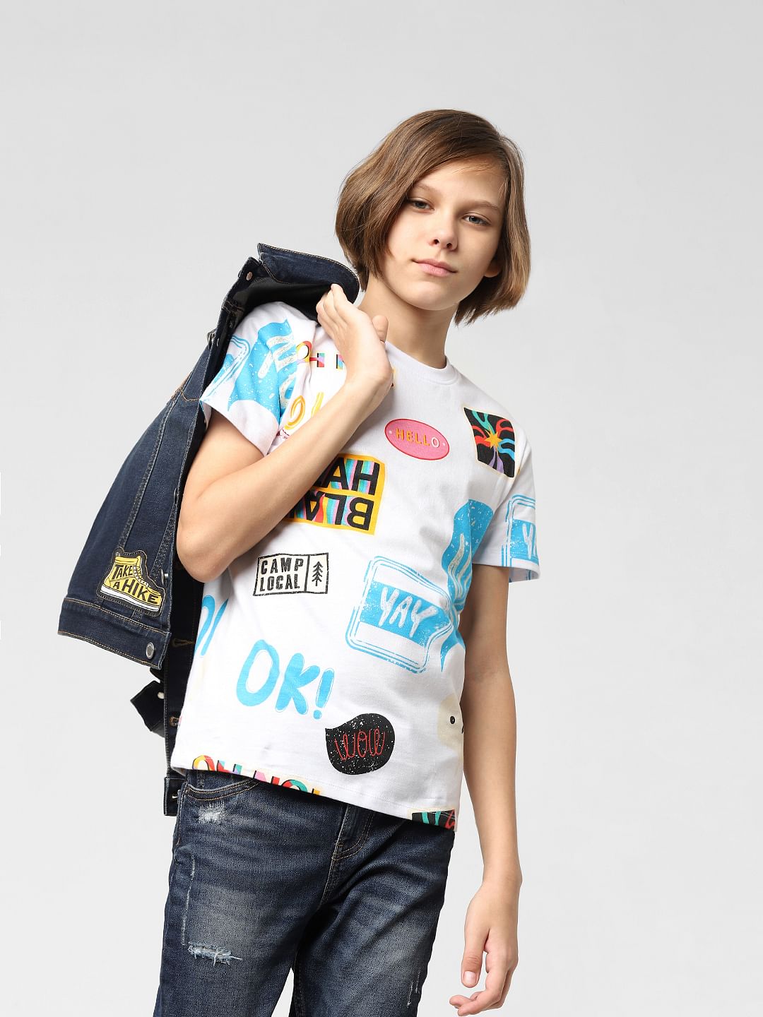 Boys White Printed Crew Neck T-shirt