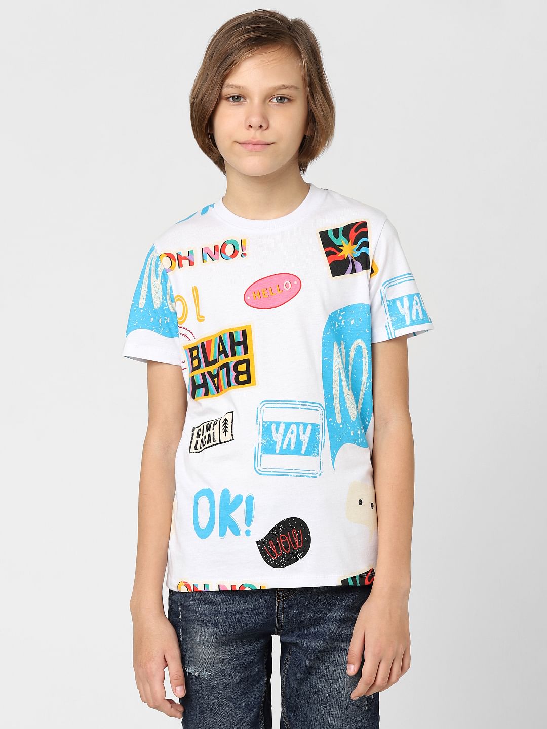 Boys White Printed Crew Neck T-shirt