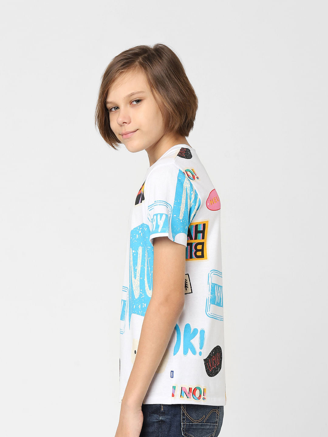 Boys White Printed Crew Neck T-shirt