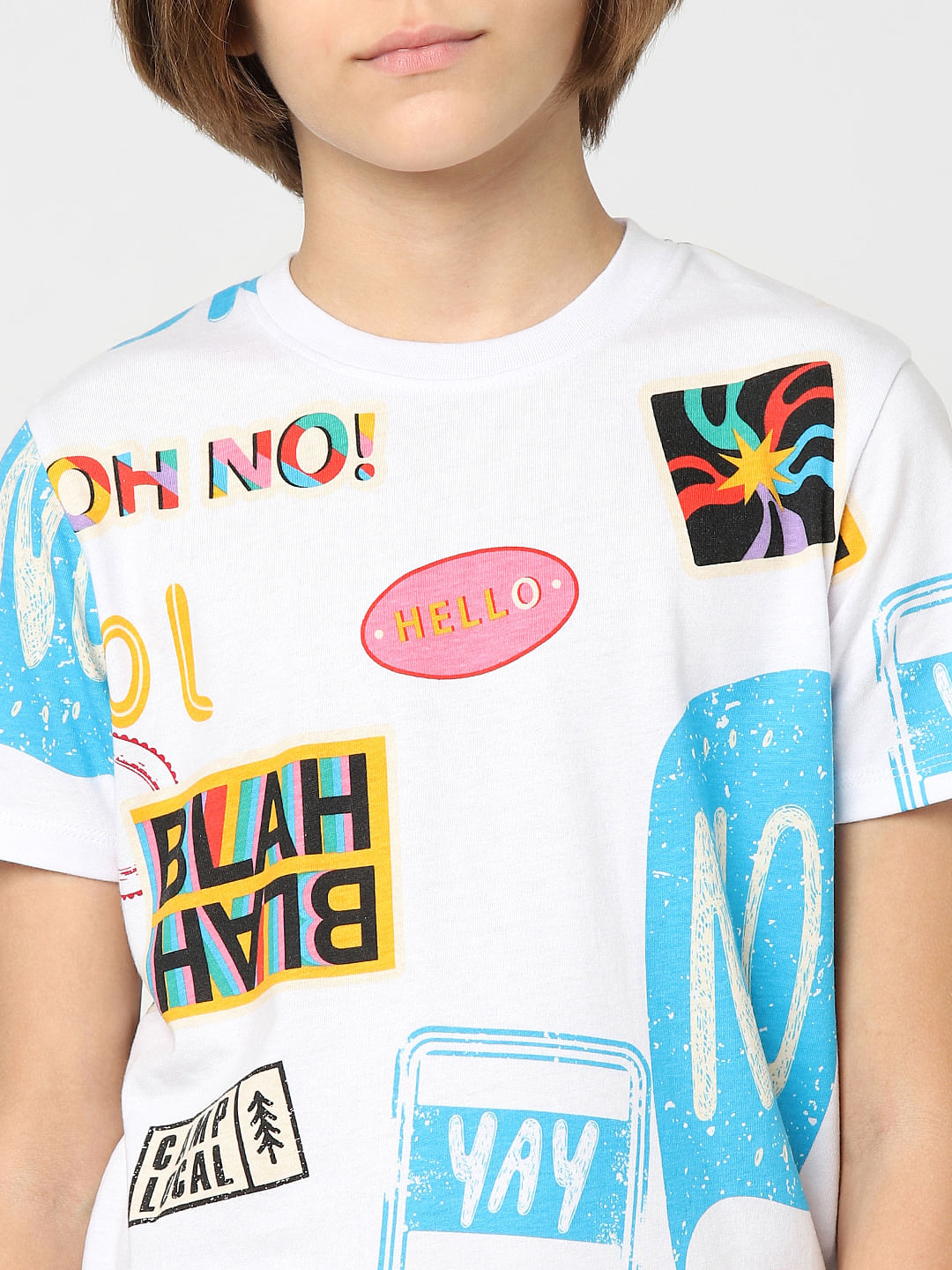 Boys White Printed Crew Neck T-shirt