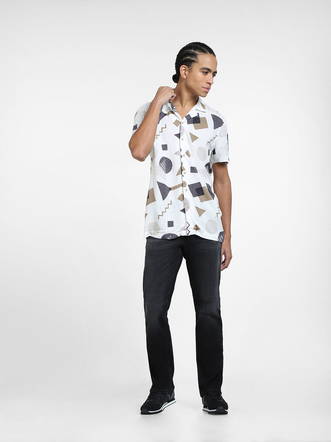 Beige Geometric Print Short Sleeves Shirt