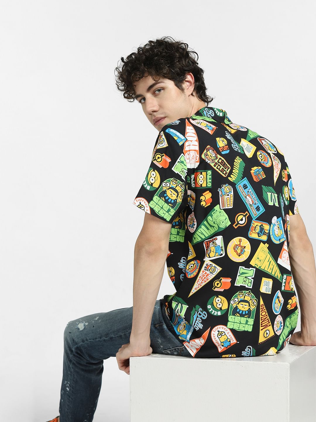 Black Minion Print Short Sleeves Shirt - S