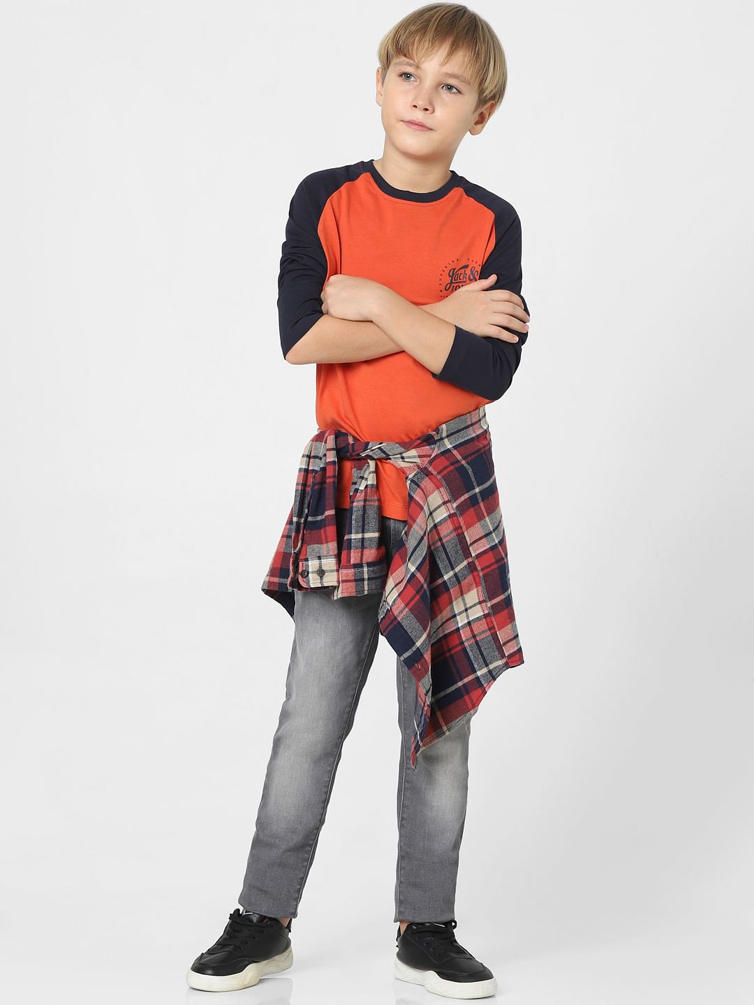Boys Red Colourblocked Full Sleeves T-shirt