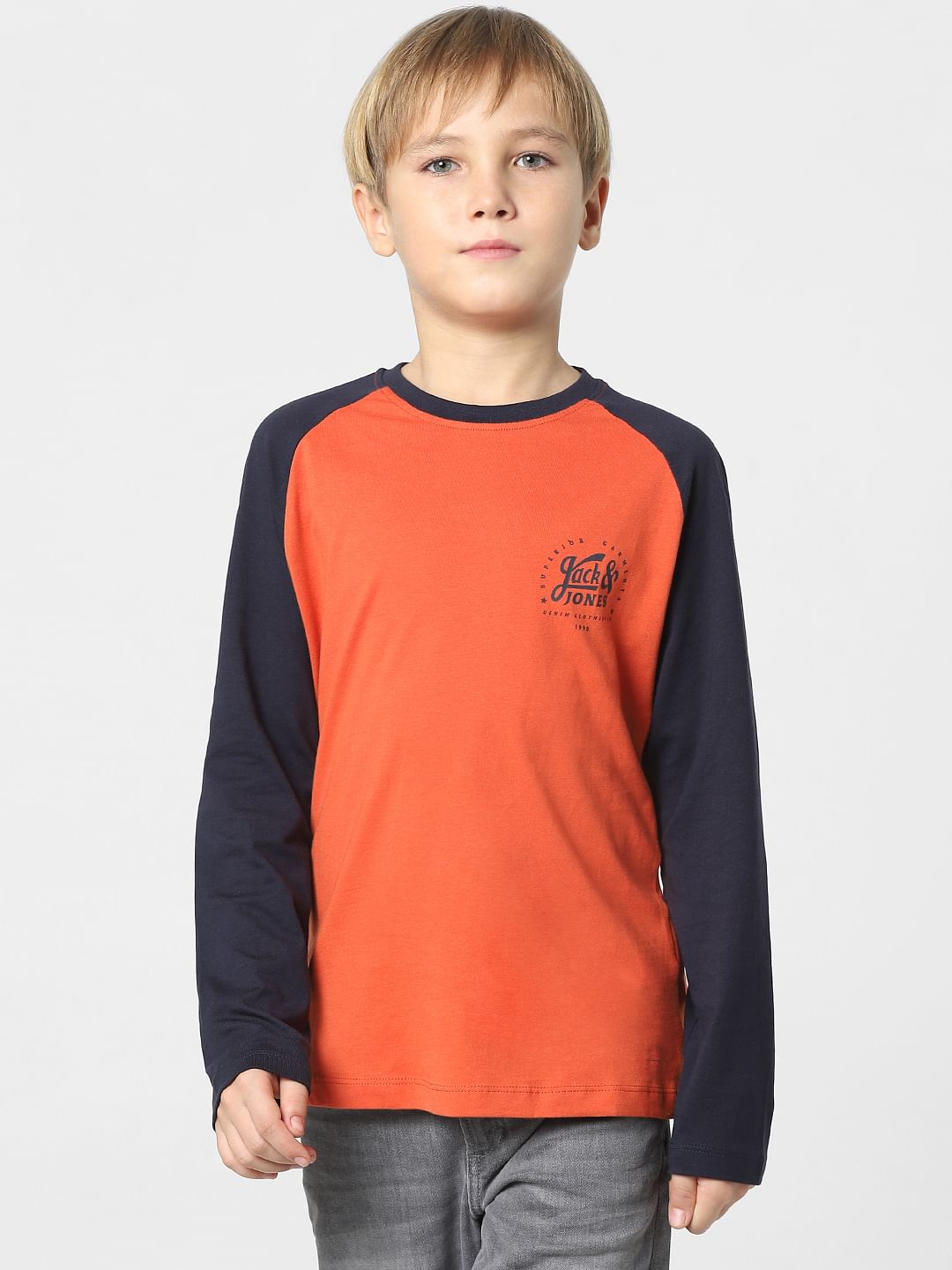 Boys Red Colourblocked Full Sleeves T-shirt